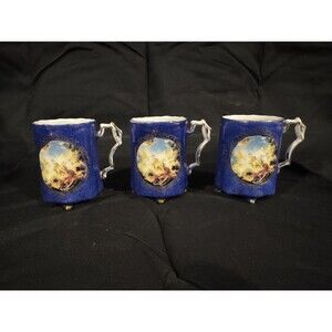Set of 3 Vintage RS. Prussia Cobalt Blue Footed Mugs with Gilded Classical Scene